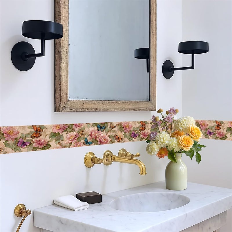 IOHEFY Floral Wallpaper Border 196x4 Inch Vintage Rose Peel and Stick Wall Border Removable Flower Wall Trim for Kitchen Bathroom Bedroom Living Room Rustic Farmhouse Decor - Image 5